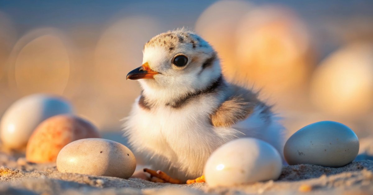 piping plover chick next to eggs